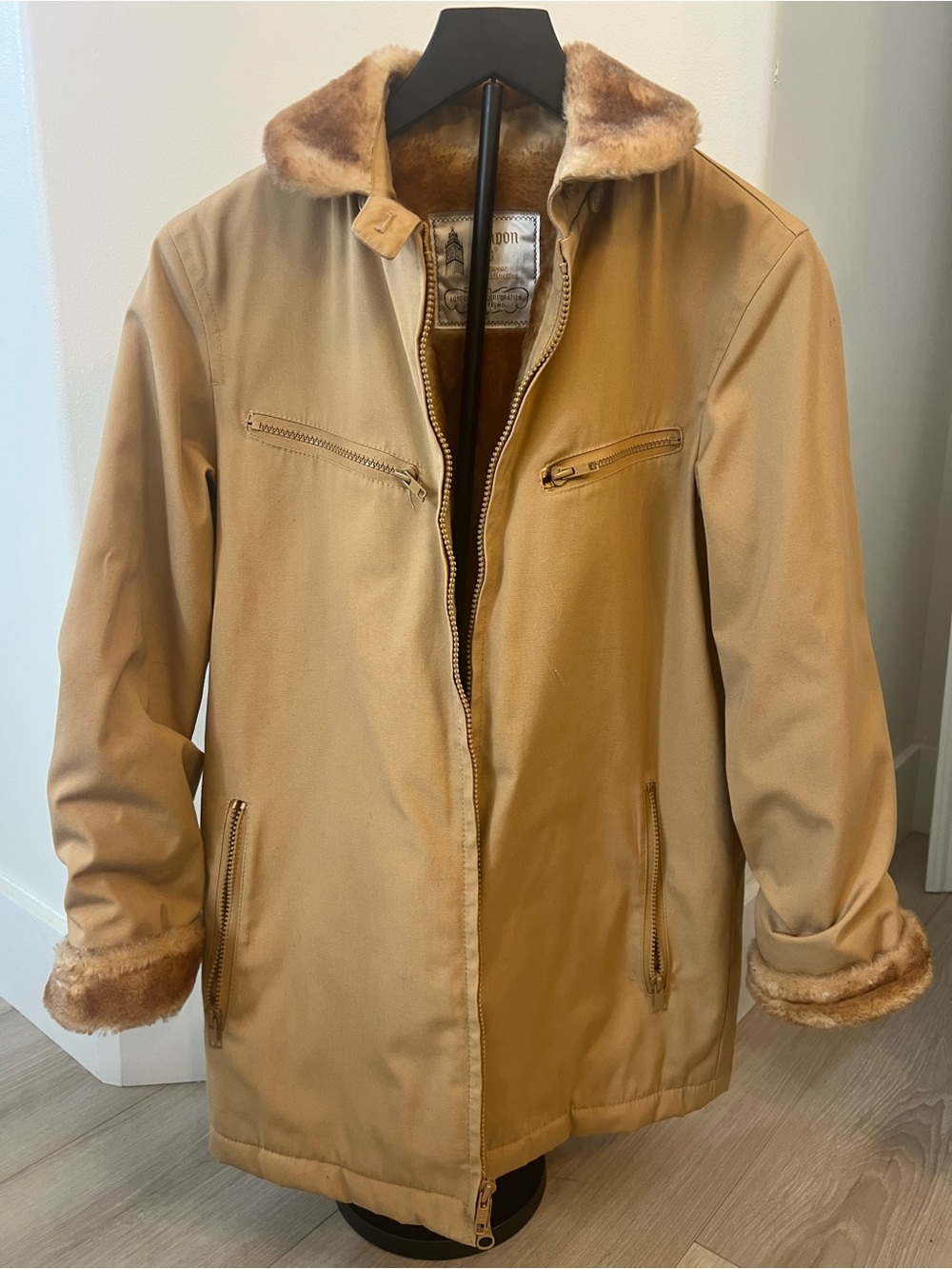 Vintage London Fog Khaki Jacket with Faux-Fur Collar